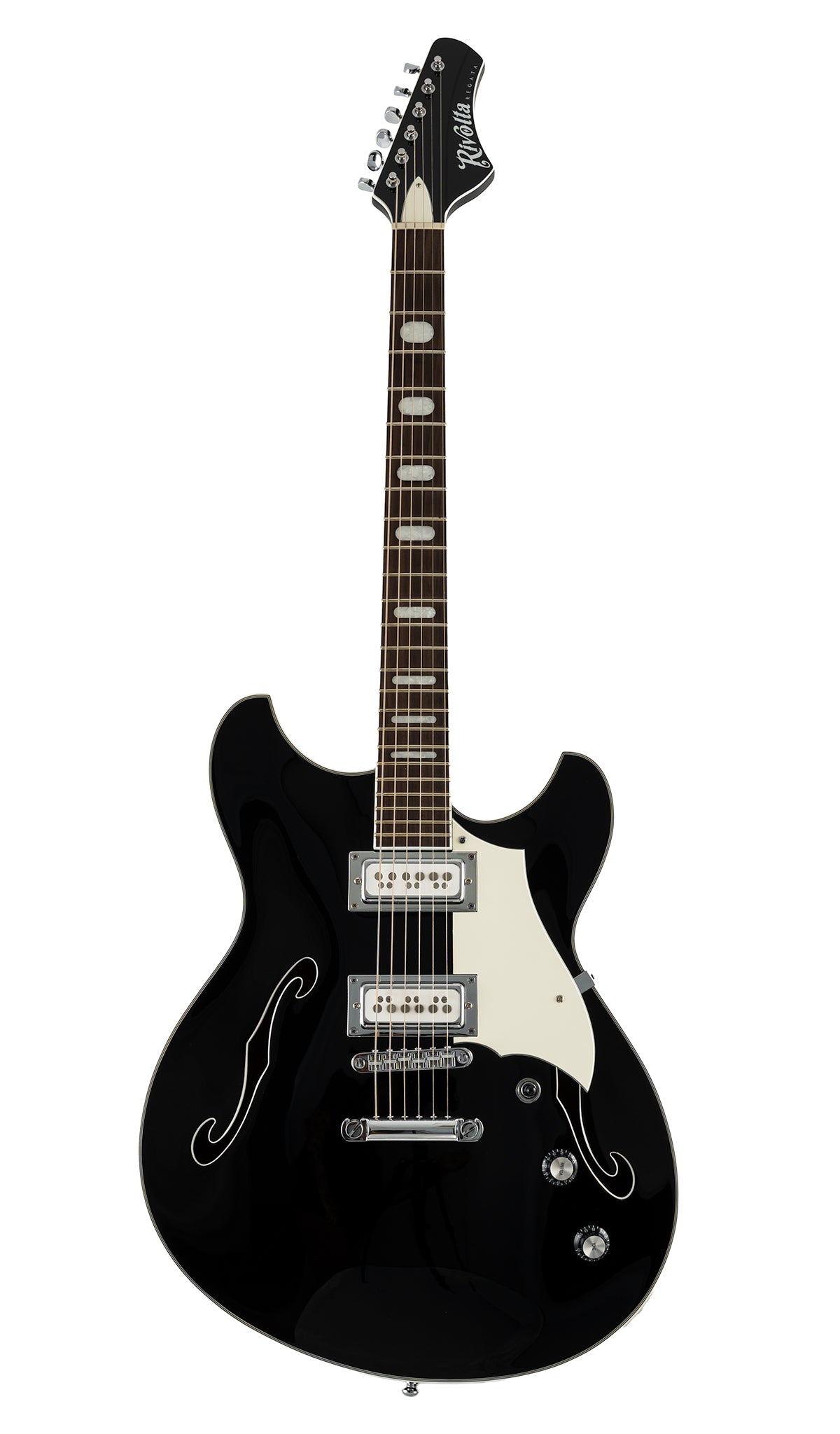 A black Regata LTD guitar with a white pickguard and chrome hardware