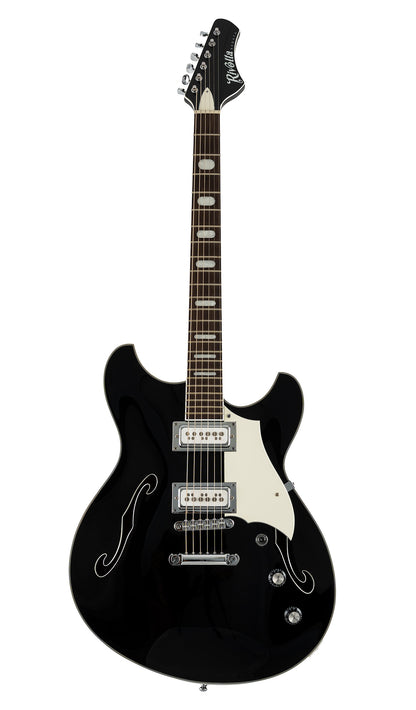 A black Regata LTD guitar with a white pickguard and chrome hardware