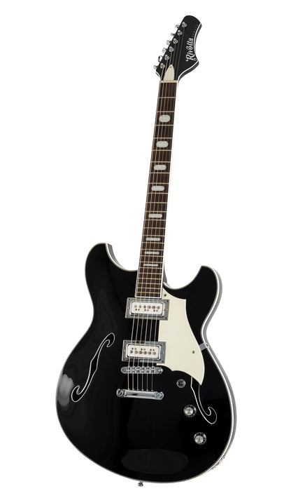 A black Regata LTD guitar with a glossy finish, featuring a white pickguard, chrome hardware, and a dark fretboard.