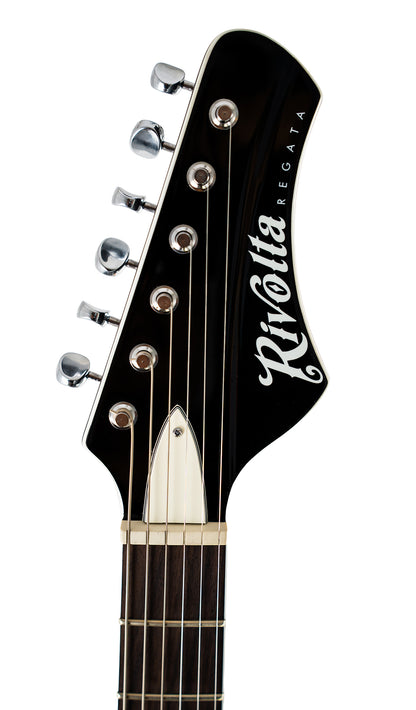 Close-up of a black Regata LTD guitar headstock with six silver tuning pegs, a white pickguard, and the name 'Rivolta' with 'REGATA' printed vertically in white.
