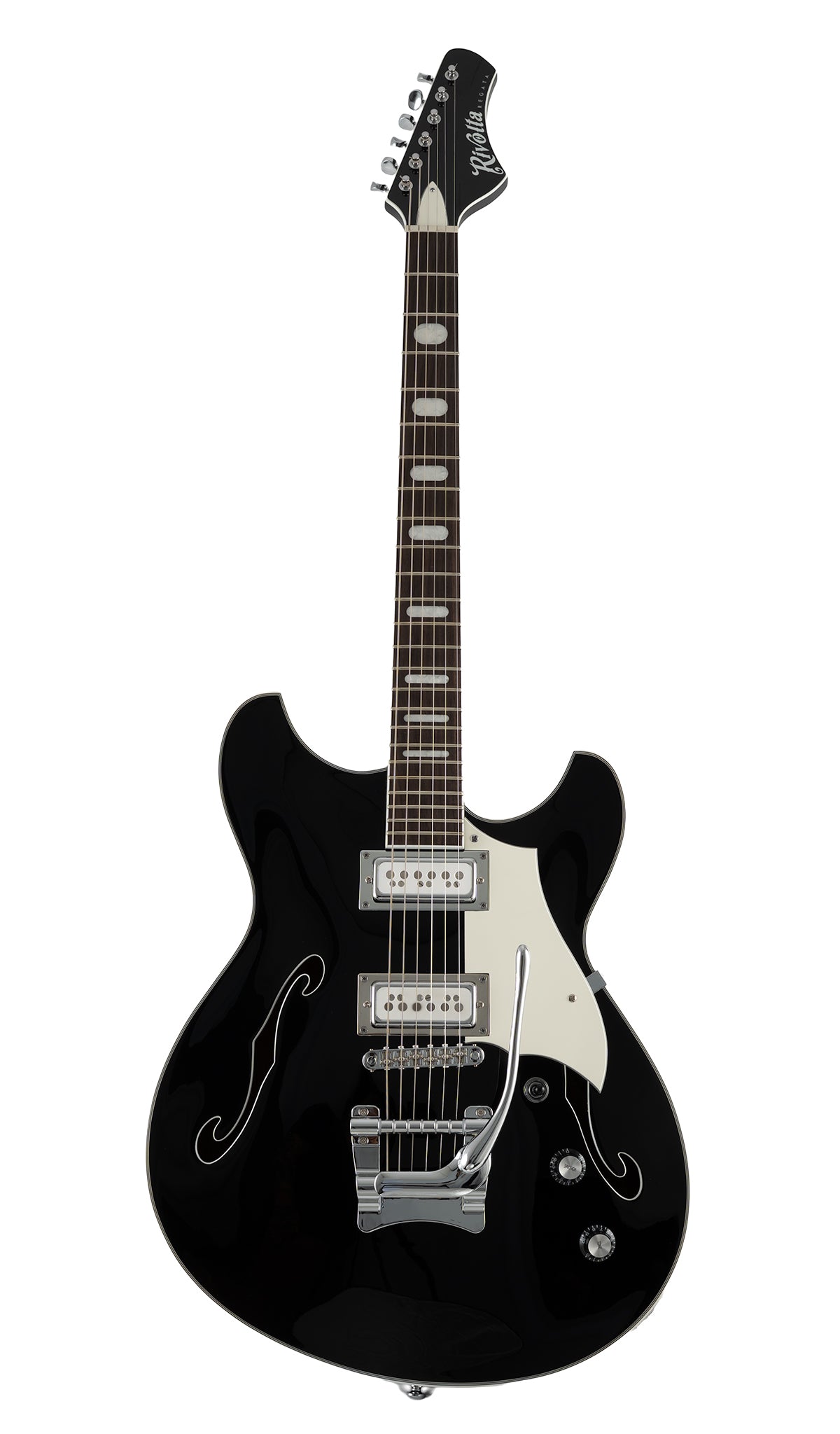 Black Regata LTD electric guitar with a glossy finish, featuring a white pickguard, chrome hardware, and a dark fretboard, and Mosby Tremolo.
