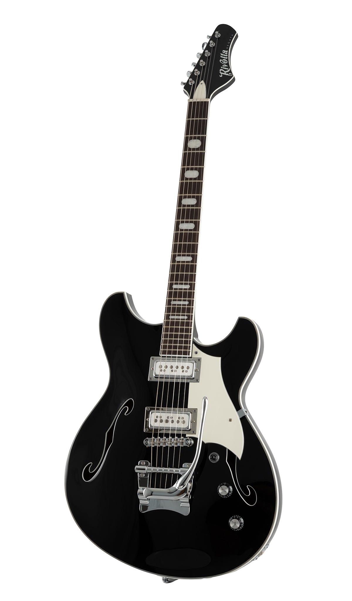 Black Regata LTD electric guitar with a glossy finish,  white pickguard, chrome hardware, block inlays, and Mosby Tremolo.